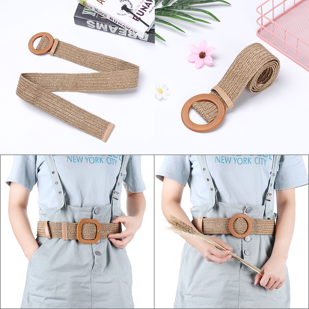 PP Straw Woven Wide Belt Dress Shirt Casual Elastic Wooden Buckle Jade Clasp Braided Strap