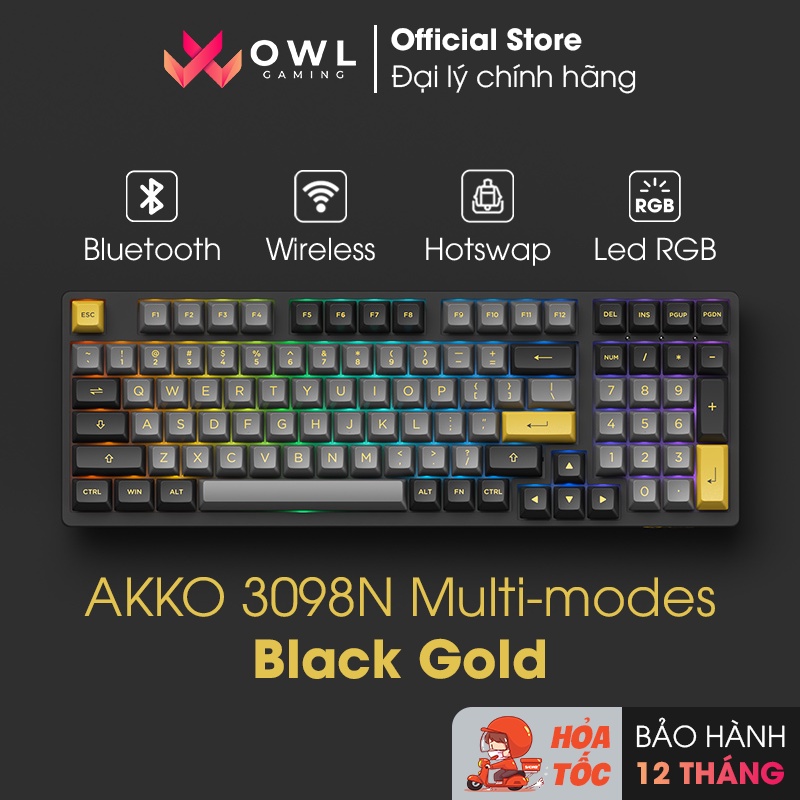 Bàn phím cơ AKKO 3098N Multi-modes Black Gold (Bluetooth / Wireless / Hotswap / Foam / TTC switch)