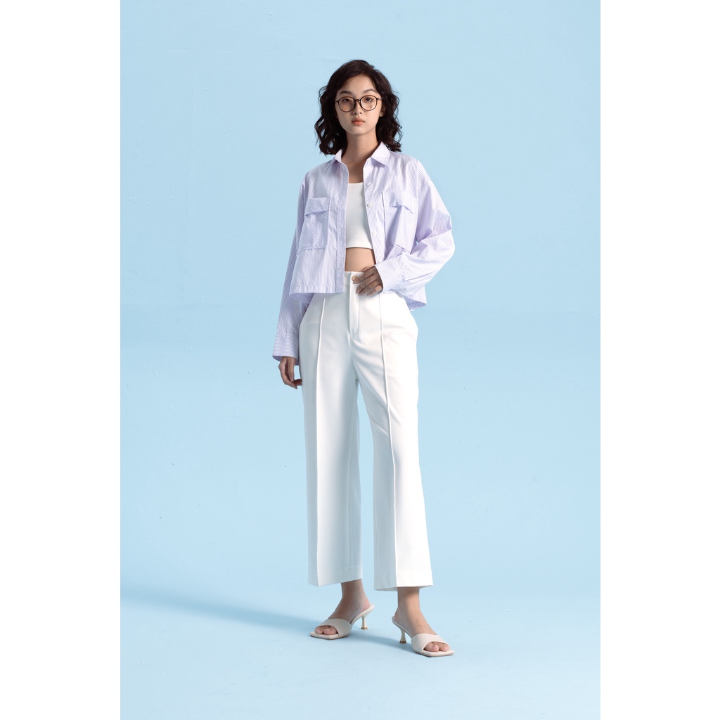 Áo sơ mi dài tay dáng croptop màu kẻ tím và đen MADELEN