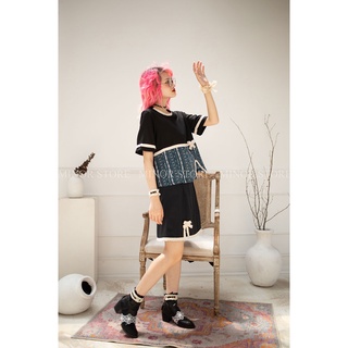 ÁO KIỂU ĐEN LAI HOA VĂN XANH [MINOR CHUURIN- BLACK]