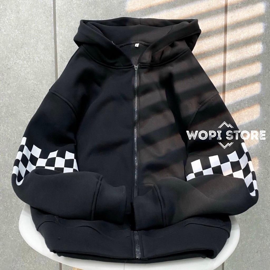 Áo Khoác Hoodie Dây Kéo TITI Phối Caro Form Rộng Vải Nỉ Lót Bông Ulzzang Unisex