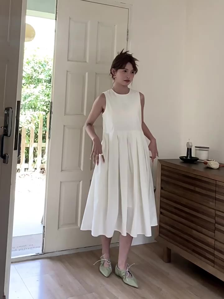 Đầm váy Babydoll dáng dài không tay, cổ tròn váy xếp ly (2 lớp) mặc ở nhà, đi chơi biển | BigBuy360 - bigbuy360.vn