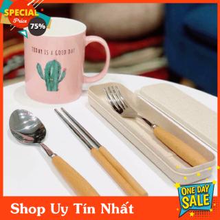 Bộ đũa thìa dĩa inox cán gỗ lúa mạch -