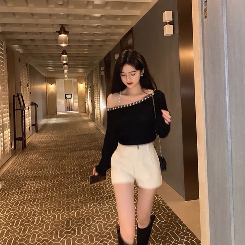 IELGY Áo sweater Tay Dài Hở Vai Màu Sắc Đơn Giản Dành Cho Nữ