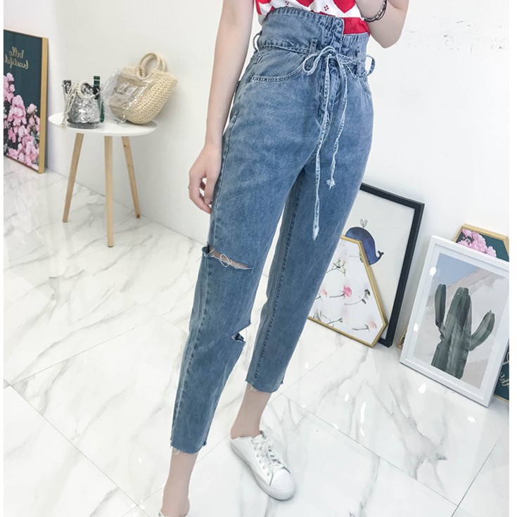 QUẦN JEANS CẠP CAO ĐAN DÂY ULZZANG