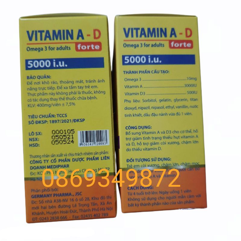 Viên dầu cá VITAMIN A D - Omega 3 - tốt cho người bị khô mắt ,thị lực kém,tóc dễ gãy dụng - Hộp 100 viên