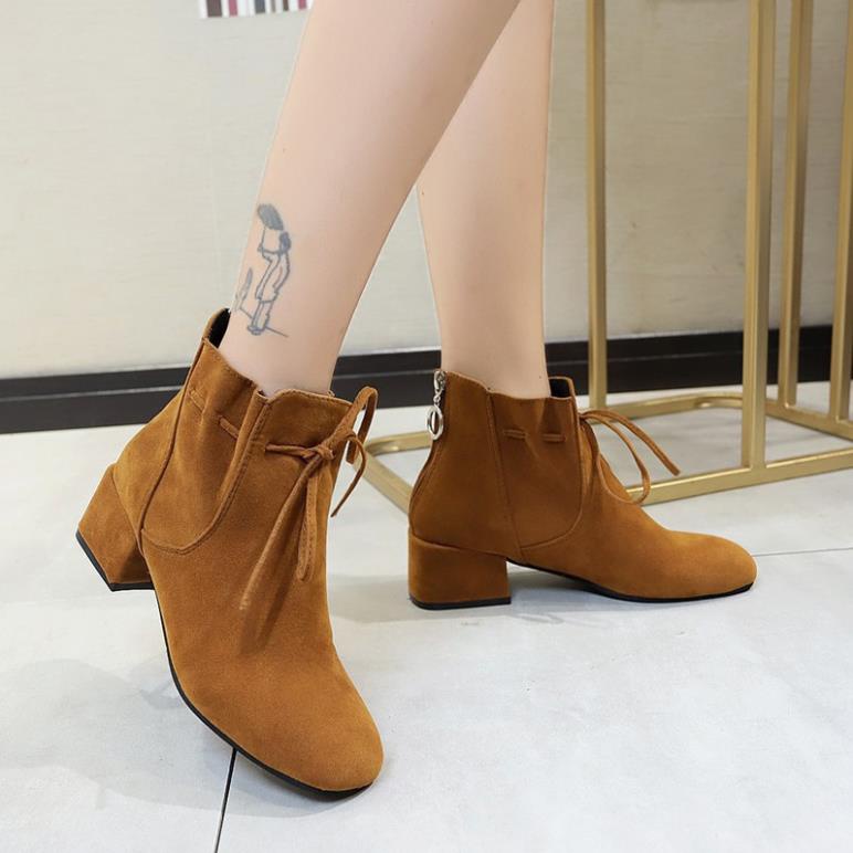 VIP Giày Da Lộn Đế Vuông Hàn Quốc S005/ Giày Da Lộn Thắt Nơ Xinh/ Giày Xinh /Bốt Da Lộn/Giày Cao Cổ