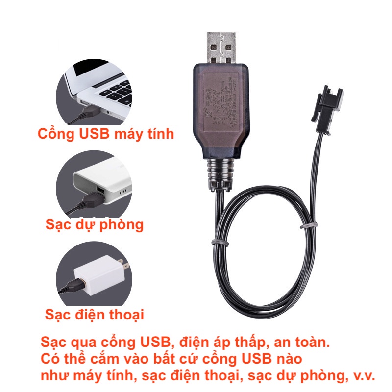 Dây sạc pin 6V xe điều khiển từ xa dùng cho pin Ni-Mh hoặc Ni-Cd cắm cổng USB, sạc điện thoại