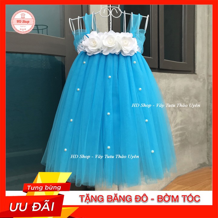 Đầm công chúa ❤️FREESHIP❤️ Đầm xanh trời hoa hồng trắng đính đá cho bé gái 0 đến 6 tuổi