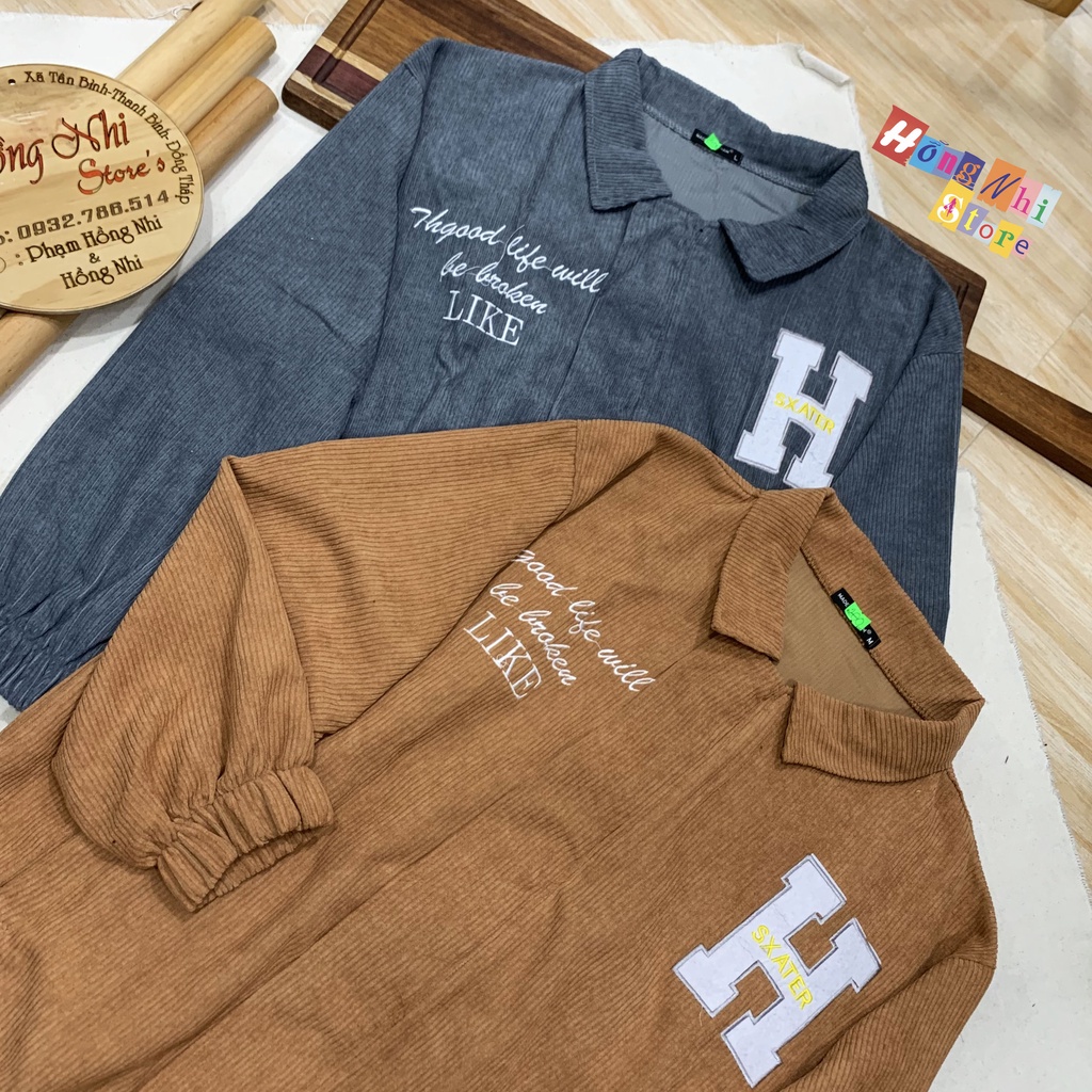 Áo Khoác Bomber Nhung Tăm Thêu Chữ H Dây Kéo Dáng Rộng Nam Nữ Ulzzang Unisex - MM