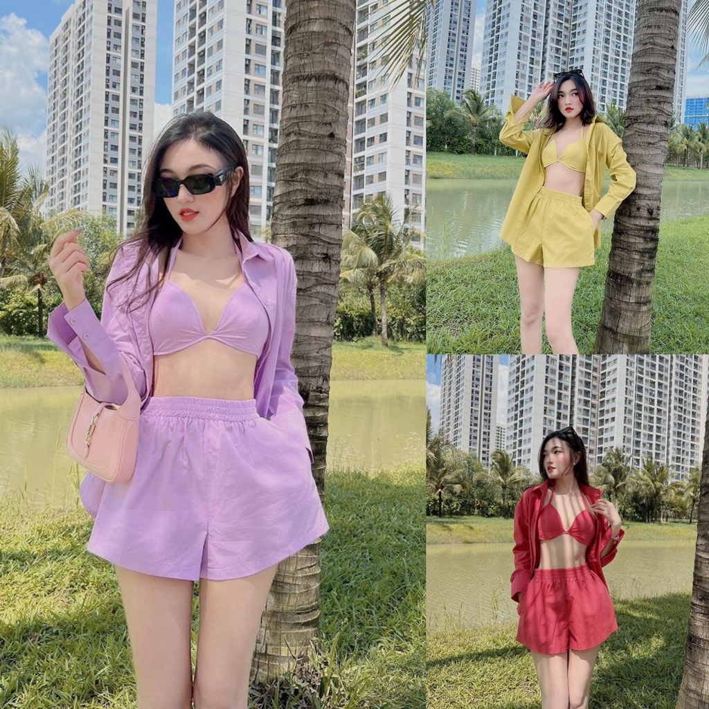 Sét bộ đi biển 3 món croptop áo dài tay phối quần đùi ống rộng xinh xắn nổi bật màu sắc (Tím, Đỏ, Vàng).
