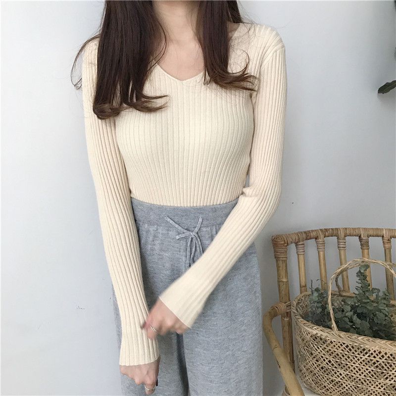 Áo Sweater dệt kim tay dài cổ chữ V thiết kế đơn giản | BigBuy360 - bigbuy360.vn