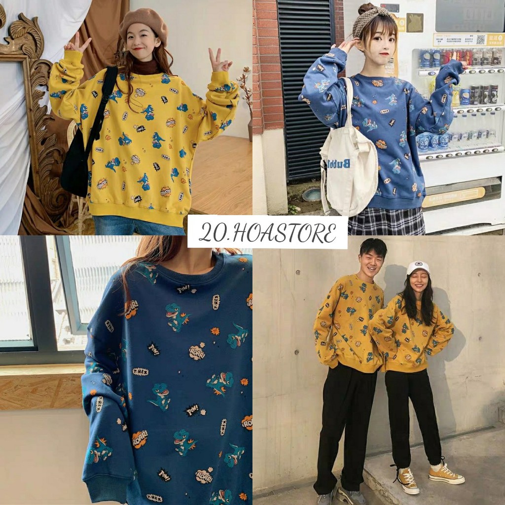 ÁO SWEATER NỈ KHỦNG LONG UNISEX VÀNG XANH THAN - ÁO IN HÌNH THÚ CUTE HOT