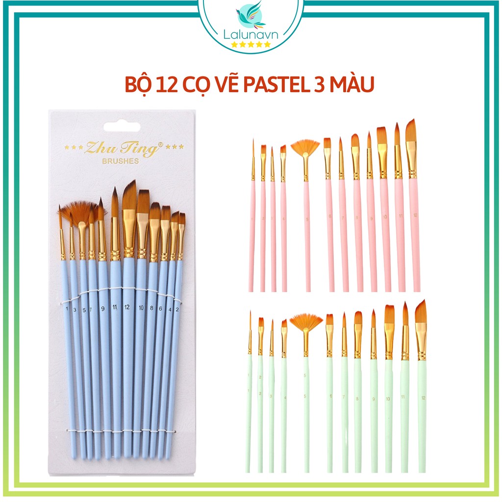 12 Cọ vẽ màu nước Pastel 3 Mint Pink Blue màu sơn dầu tranh tường số hoá Lalunavn - B52