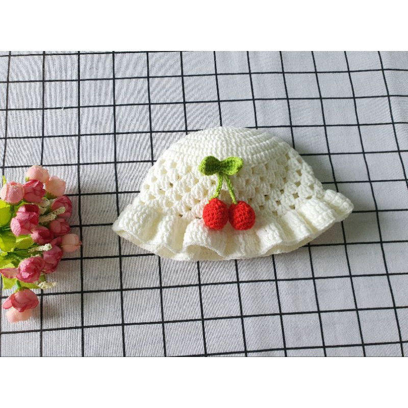 🍒CHERRY HAT🍒Mũ len vành bèo cho bé gái quả cherry xinh xắn