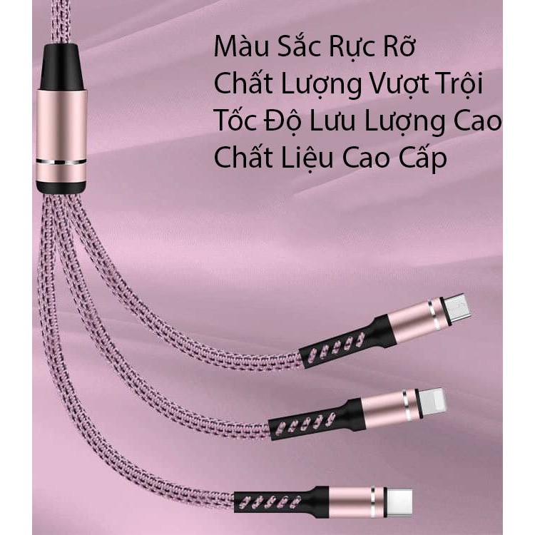 Dây Cáp Sạc 3 Đầu Thông Minh Sạc Iphone Android Type-C Sạc Nhanh Cực Bền Với Dây Dù Cao Cấp