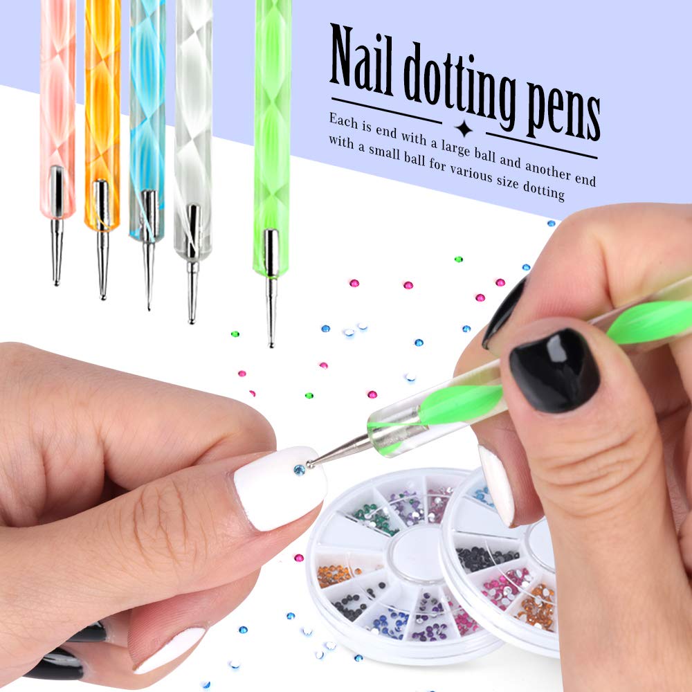 15 pcs cọ vẽ móng tay Set 5 bút chấm hai đầu Cọ Vẽ Móng Tay 3D Với 15 Dải Băng Keo Dán 2 hộp kim cương giả