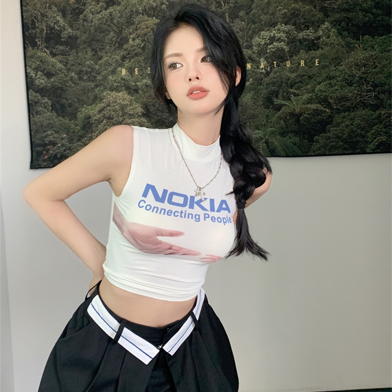 Áo Croptop Sát Nách Cổ Cao In Họa Tiết Vui Nhộn