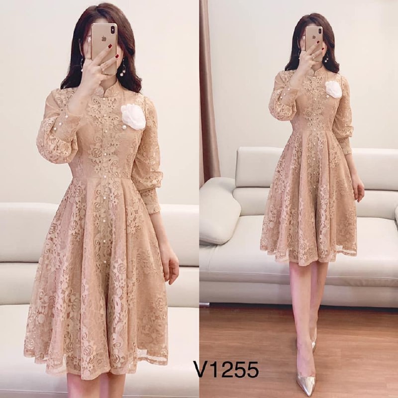 [ xả kho ] MiD Đầm ren màu be nâu V1255 đính ngọc thiết kế Mie Design kèm ảnh thật