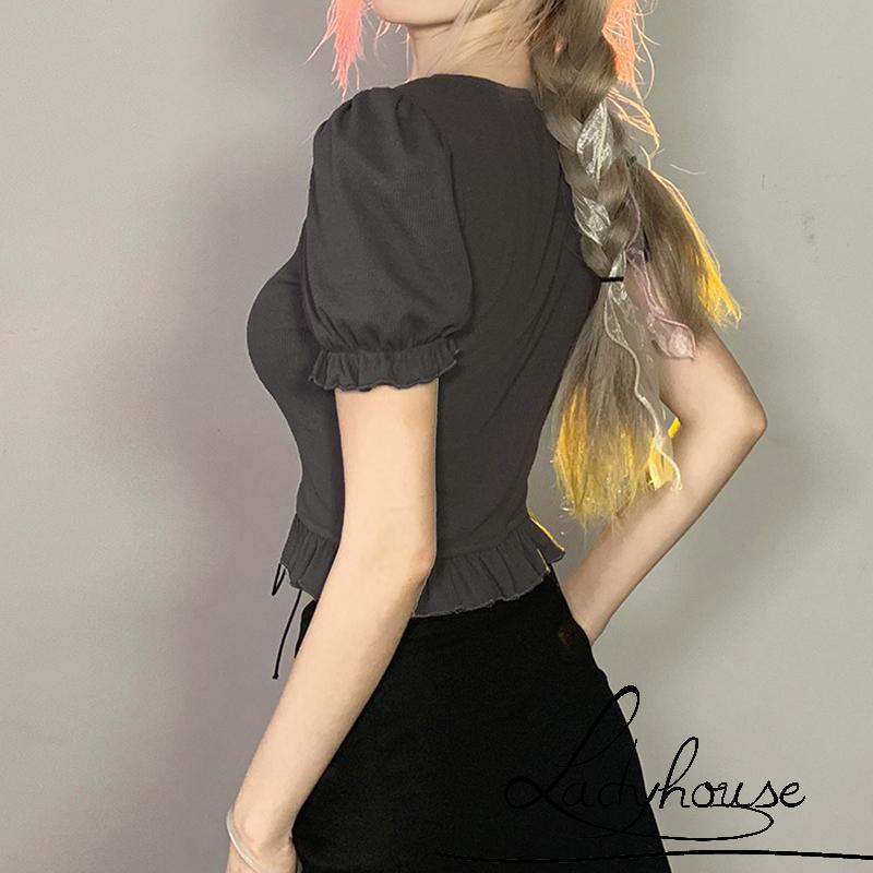 Áo Thun Crop Top Tay Phồng Thiết Kế Dây Rút Phía Trước Thời Trang Mùa Hè Cho Nữ