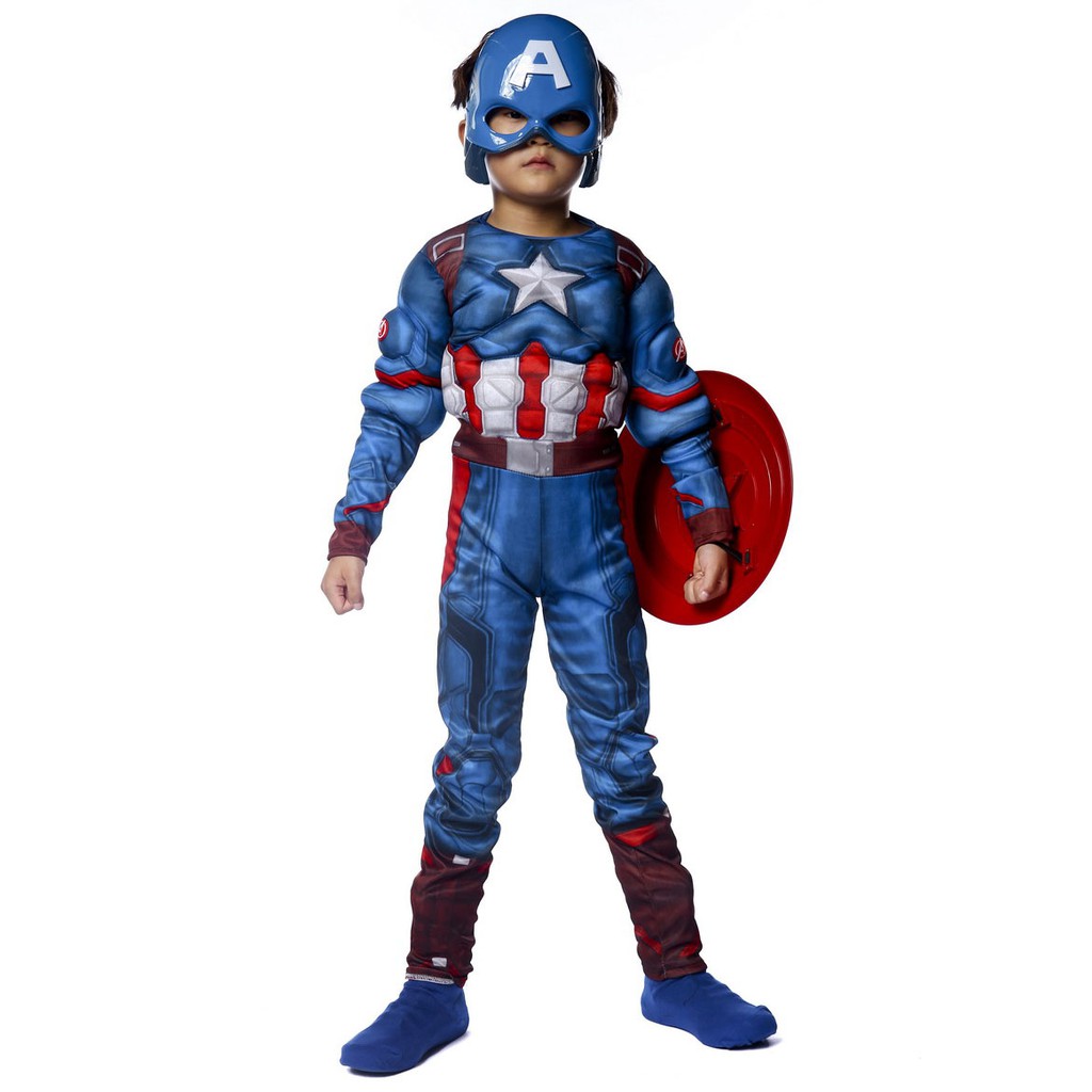 Bộ Đồ Hóa Trang Captain America Cơ Bắp Kèm Mặt Nạ Và Khiên Che Mặt Cho Bé Trai Dịp Halloween