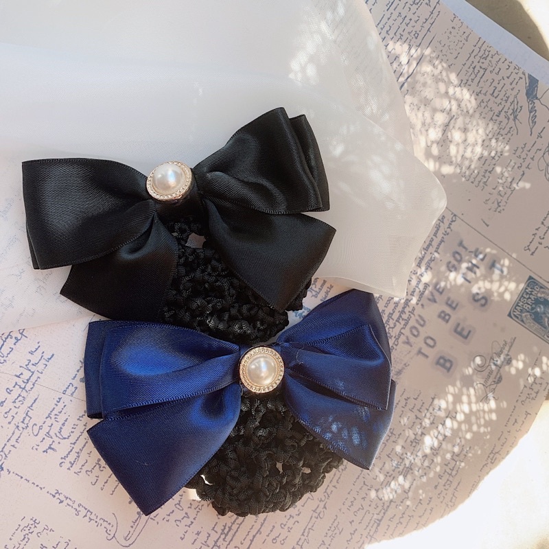 Kẹp tóc búi lưới công sở nơ satin đính charm L8