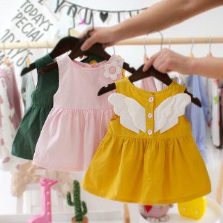 Váy Công Chúa Bằng Cotton Màu Trơn Với Họa Tiết Cánh Thiên Thần Dùng Cho Bé Gái Từ 0 Tới 3 Tuổi