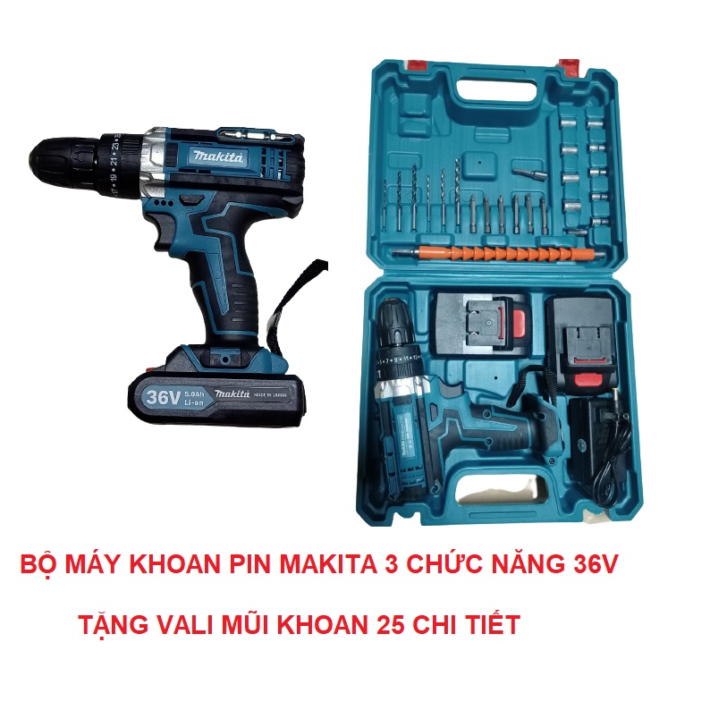 (HCM) Máy Khoan Pin Bê Tông Ba Chức Năng 36V MA-KI-TA Có Búa Tặng Kèm 24 Mũi Khoan Vít Các Loại