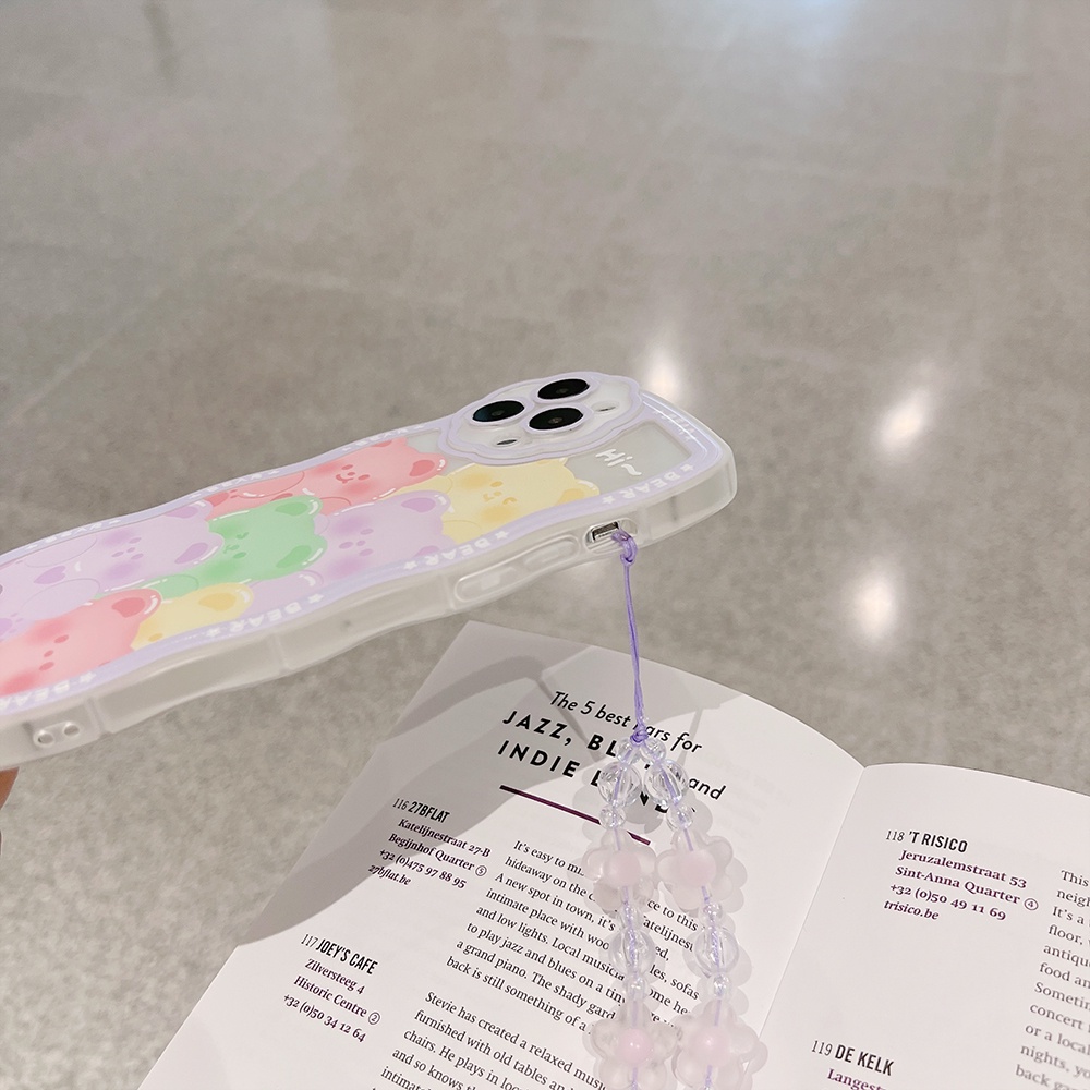 Ốp Điện Thoại Mềm Chống Sốc In Hình Gấu Hoạt Hình Viền Gợn Sóng + Dây Đeo Cho iPhone 13 12 11 Pro XS Max X XR 7 8 plus