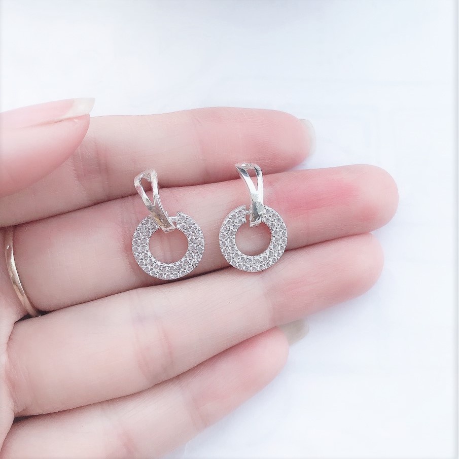 Bông tai bạc hình tròn to đính đá, chất liệu bạc ta sang trọng - Trang sức bạc Evasilver