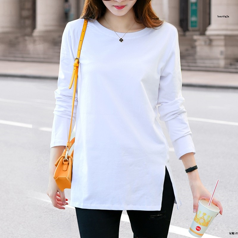 Áo Thun Tay Dài Màu Trắng Dáng Rộng Thiết Kế Xẻ Rách Phong Cách Hàn Quốc Thời Trang Xuân Thu Xinh Xắn Cho Nữ