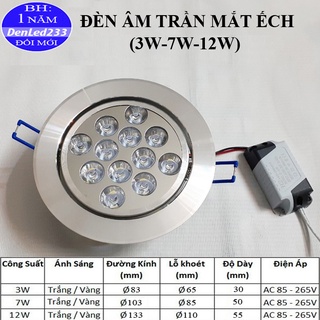 ĐÈN LED MẮT ẾCH ÂM TRẦN 3W 7W 12W. ÁNH SÁNG TRẮNG/VÀNG