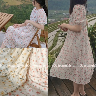 Váy babydoll hoa nhí, đầm maxi hoa nhí tay phồng (ảnh thật) - V45FG
