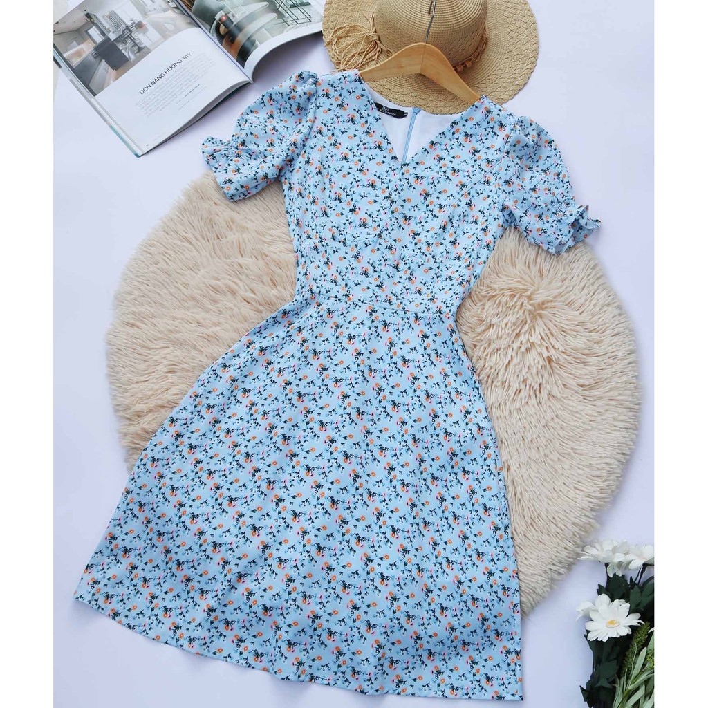 Đầm hoa nhí nữ xanh thiết kế dễ thương dáng chữ a tay ngắn họa tiết hoa nhí vintage may 2 lớp mềm mại thoáng mát