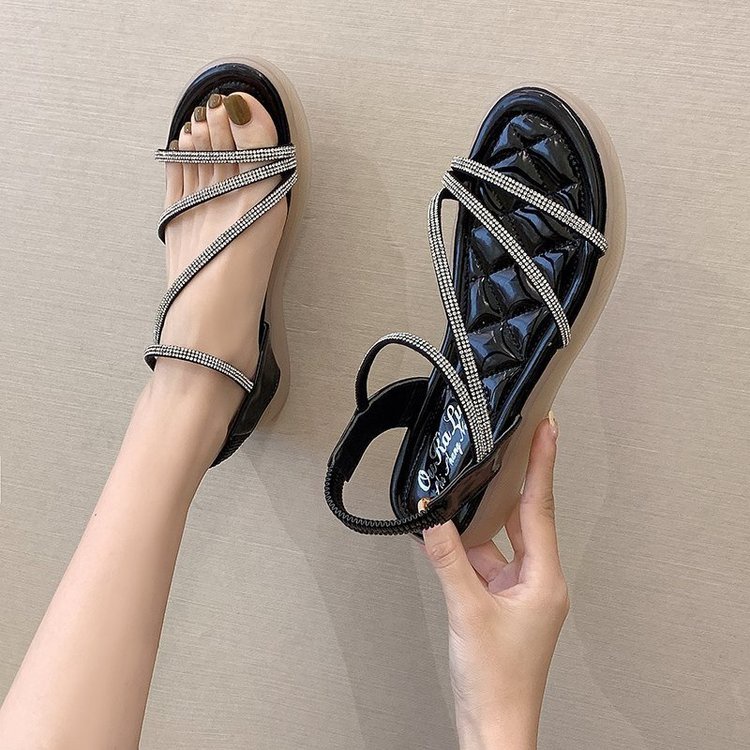 Dép sandal hở ngón đế bằng đính đá phong cách mùa hè kiểu Hàn thanh lịch dành cho nữ 2021