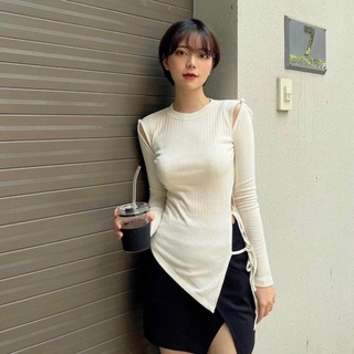Áo Thun Nữ Kiểu Tay Dài Khoét Vai Tà Nhọn Cột Dây 1 Bên Hông