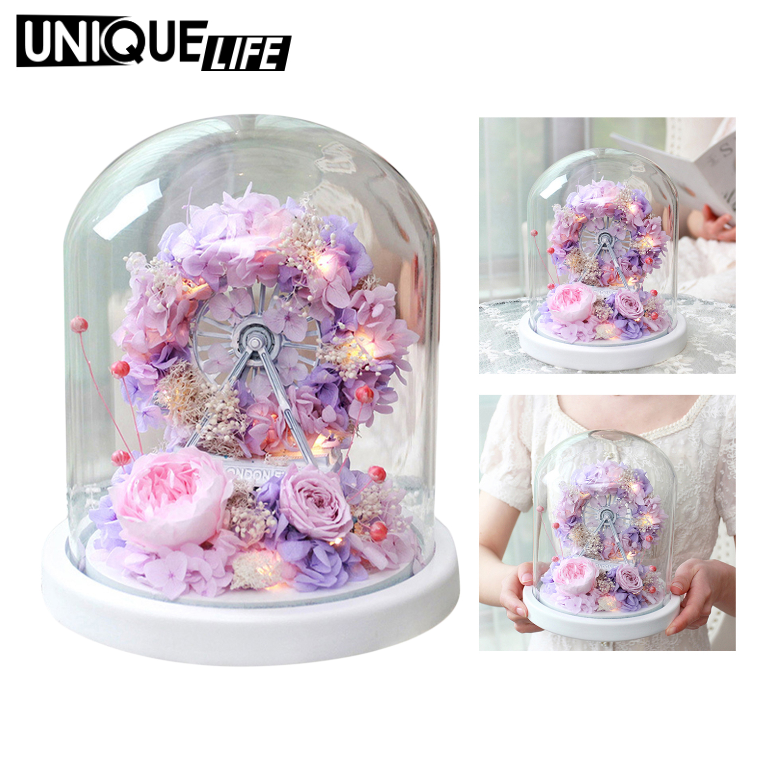 [Unique Life]Handmade Eternal Flower Box Led Ferris Wheel w/ Glass Dome Gift