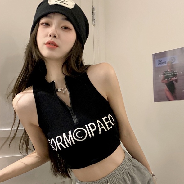 Áo dệt kim ZHELIHANGFEI sát nách hở eo phối khóa kéo thời trang cá tính cho nữ