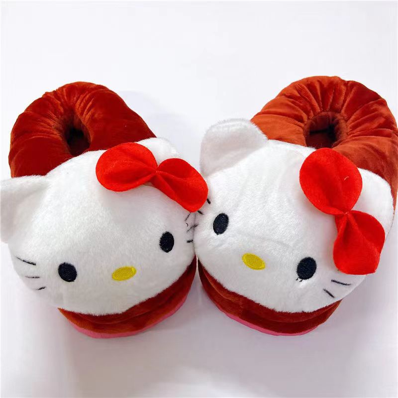 Dép Nhung Mềm Mại Mũi Tròn Hoạ Tiết Hello Kitty Màu Hồng / Đỏ Dễ Thương Xinh Xắn