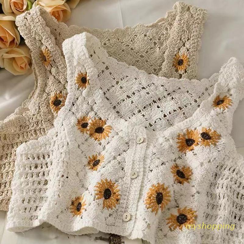 Áo Croptop Dệt Kim Không Tay Thêu Hoa Cúc Phong Cách Pháp Cổ Điển Dành Cho Nữ | BigBuy360 - bigbuy360.vn