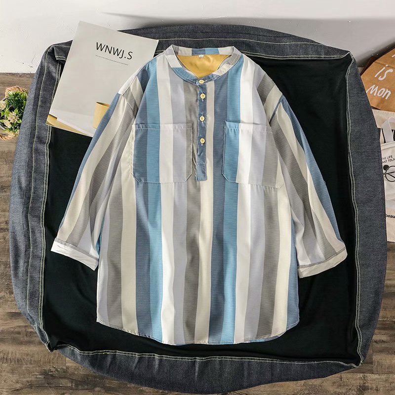 Korean Fashion Men's Short Sleeve Round Neck Striped T-shirt