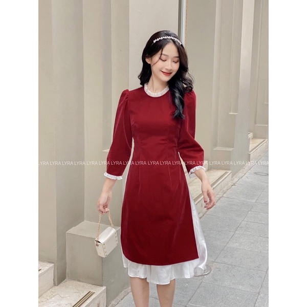 Set nhung cách tân, váy lụa satin mềm, cổ và tay pha tơ