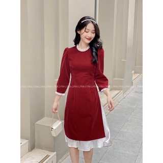 Set nhung cách tân, váy lụa satin mềm, cổ và tay pha tơ