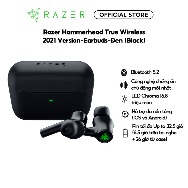 Tai nghe game Razer Hammerhead True Wireless 2021 Bluetooth 5.2 Có Led RGB Chồng ồn ANC độ trễ thấp 60ms