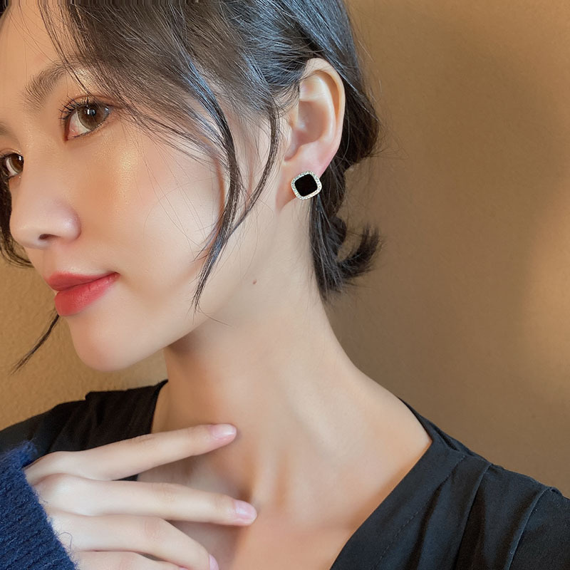 Khuyên Tai Hình Vuông Đính Đá Zircon Phong Cách Hàn Quốc Thời Trang