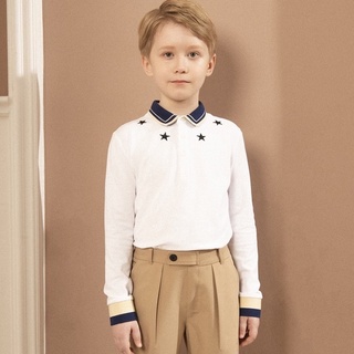 Áo polo cotton dài tay bé trai 137KIDS thiết kế màu trắng trơn phối cổ xanh ngôi sao