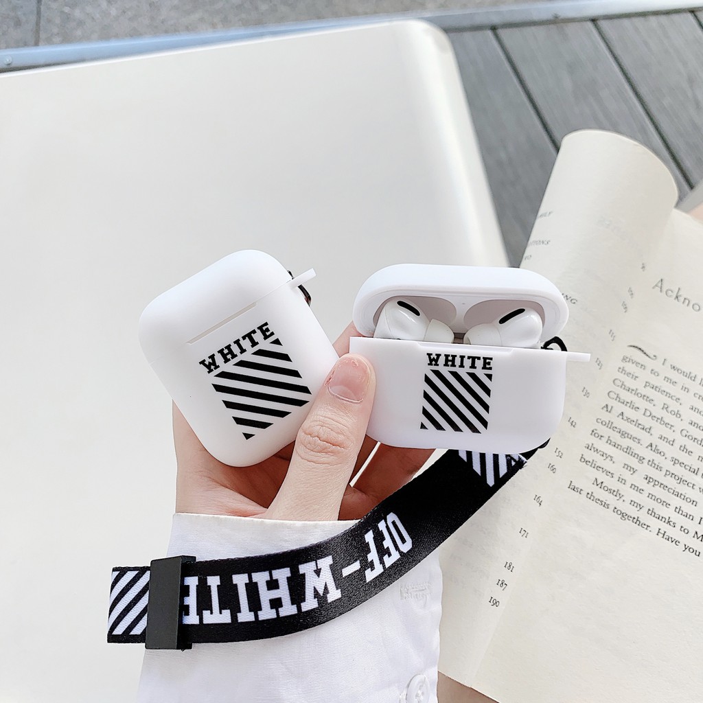 Vỏ Bảo Vệ Hộp Sạc Tai Nghe Airpods Pro 1 / 2 Bằng TPU Mềm Họa Tiết Off White Có Dây Đeo Tiện