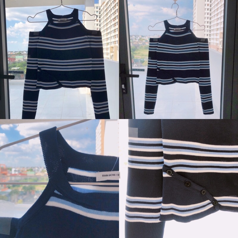 Áo croptop tay dài kẻ ngang khoét vai