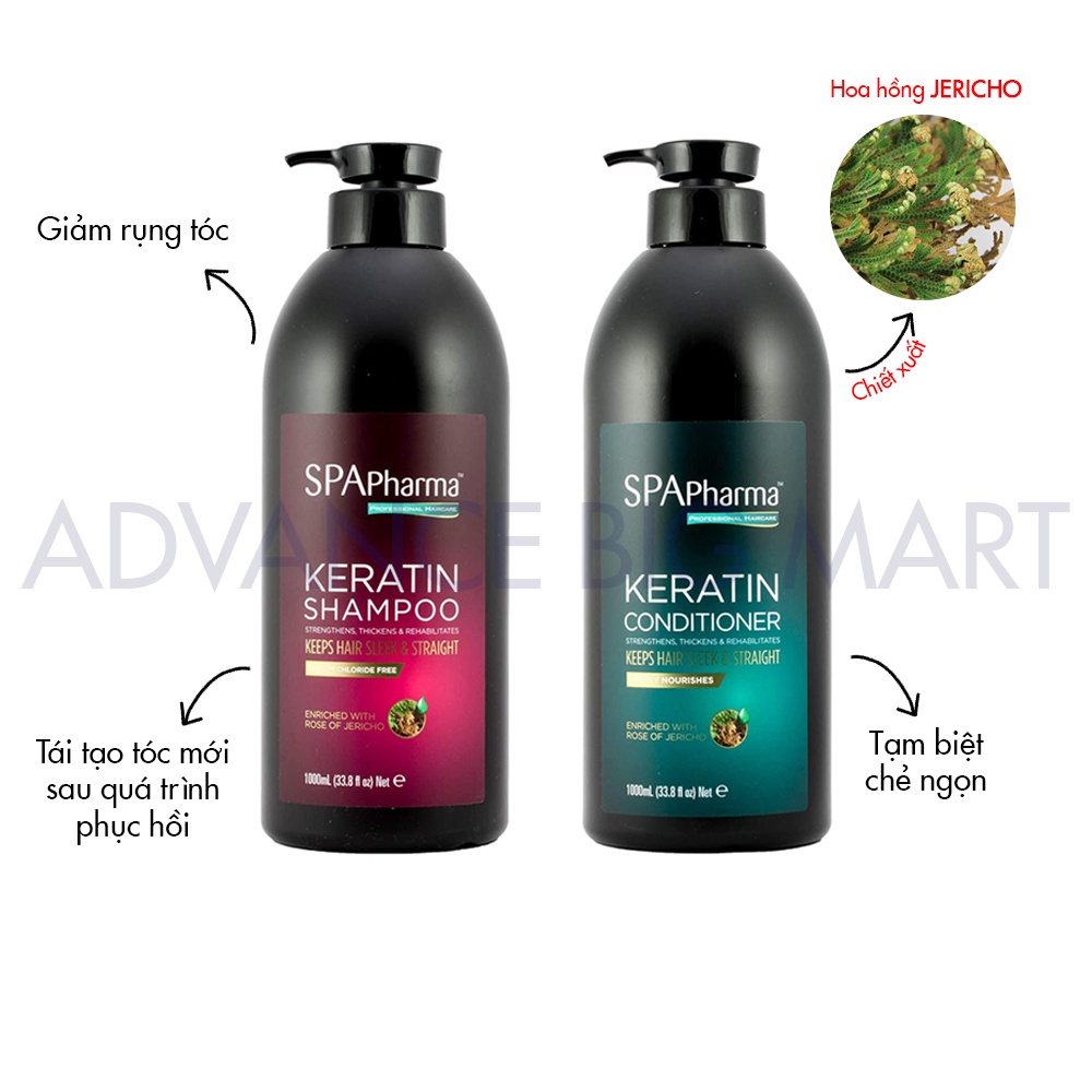 Cặp dầu gội xả Spa Pharma Keratin siêu phục hồi tóc chuẩn Salon 1000mlx2