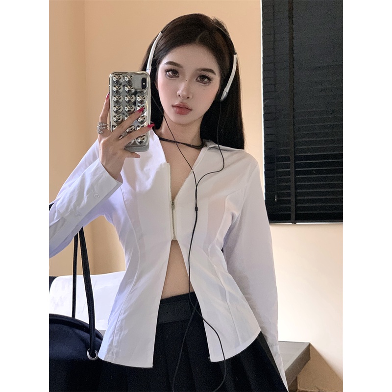 QKOOLE Áo sơ mi  tay dài cổ chữ V phối khóa kéo thời trang Hàn Quốc cho nữ